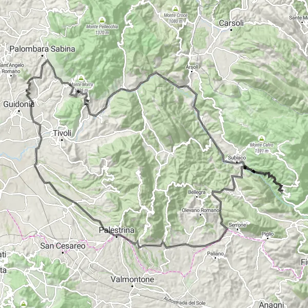 Miniatura della mappa di ispirazione al ciclismo "Sfide Montane nel Lazio" nella regione di Lazio, Italy. Generata da Tarmacs.app, pianificatore di rotte ciclistiche