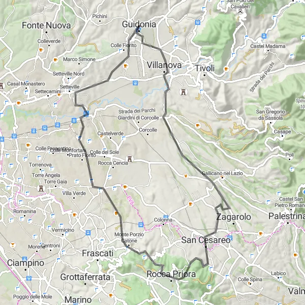 Miniatura della mappa di ispirazione al ciclismo "Giro in bicicletta da Guidonia Montecelio a Rocca Priora" nella regione di Lazio, Italy. Generata da Tarmacs.app, pianificatore di rotte ciclistiche