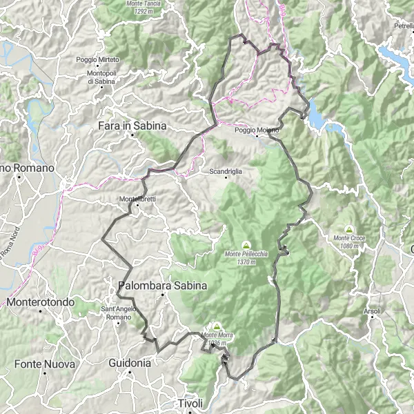 Miniatura della mappa di ispirazione al ciclismo "Giro in bicicletta da Guidonia Montecelio" nella regione di Lazio, Italy. Generata da Tarmacs.app, pianificatore di rotte ciclistiche