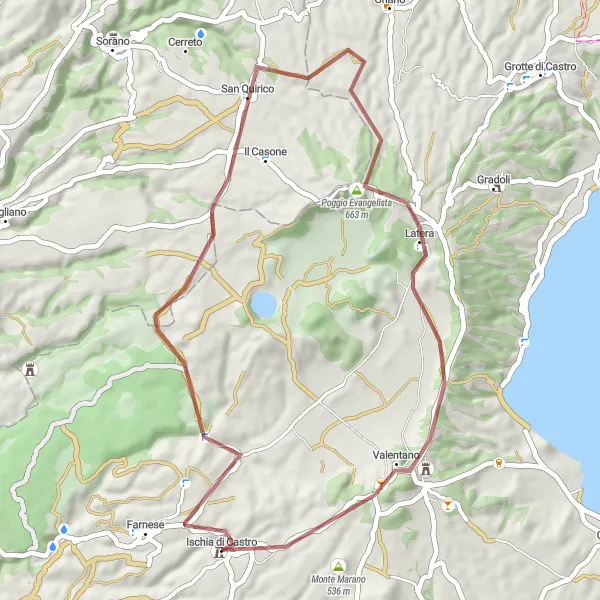 Miniatura della mappa di ispirazione al ciclismo "Itinerario gravel da Ischia di Castro a Valentano" nella regione di Lazio, Italy. Generata da Tarmacs.app, pianificatore di rotte ciclistiche