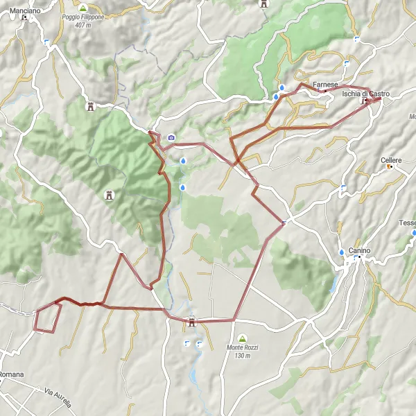 Miniatura della mappa di ispirazione al ciclismo "Giro in bici a Ischia di Castro - Gravel" nella regione di Lazio, Italy. Generata da Tarmacs.app, pianificatore di rotte ciclistiche