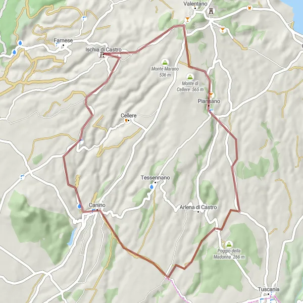 Map miniature of "Gravel Adventure to Monte di Cellere" cycling inspiration in Lazio, Italy. Generated by Tarmacs.app cycling route planner