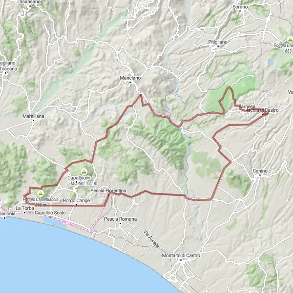 Miniatura della mappa di ispirazione al ciclismo "Tour ciclistico panoramico tra Ischia di Castro e Romitorio di fontana Buia" nella regione di Lazio, Italy. Generata da Tarmacs.app, pianificatore di rotte ciclistiche