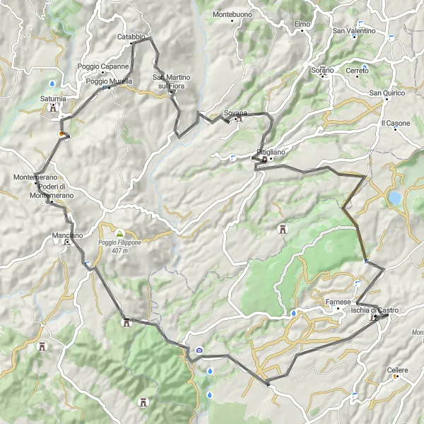 Map miniature of "Conquer the Challenging Terre del Tufo" cycling inspiration in Lazio, Italy. Generated by Tarmacs.app cycling route planner