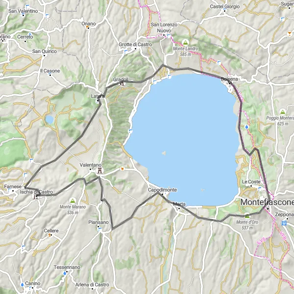 Map miniature of "Scenic Road Cycling to Montefiascone" cycling inspiration in Lazio, Italy. Generated by Tarmacs.app cycling route planner