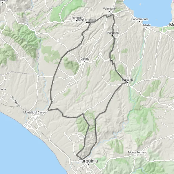 Map miniature of "Challenging Road Cycling Adventure to Vulci" cycling inspiration in Lazio, Italy. Generated by Tarmacs.app cycling route planner