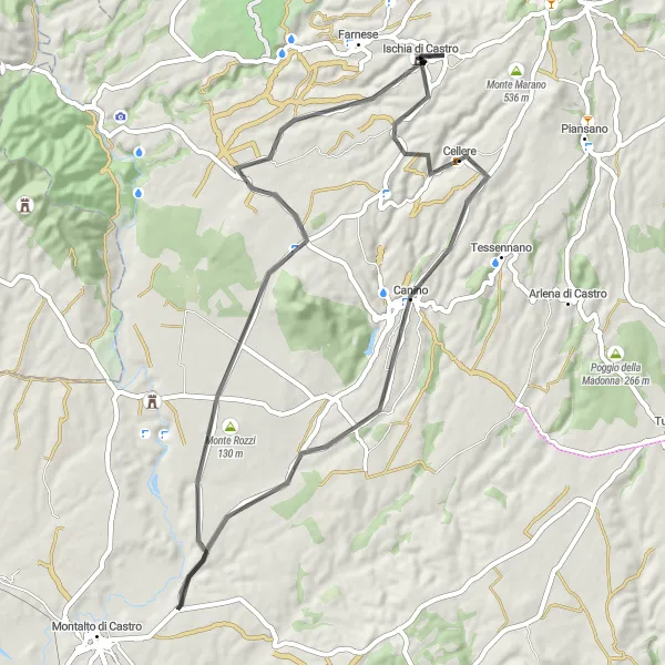 Miniatura della mappa di ispirazione al ciclismo "Giro in bicicletta verso Cellere e Canino" nella regione di Lazio, Italy. Generata da Tarmacs.app, pianificatore di rotte ciclistiche