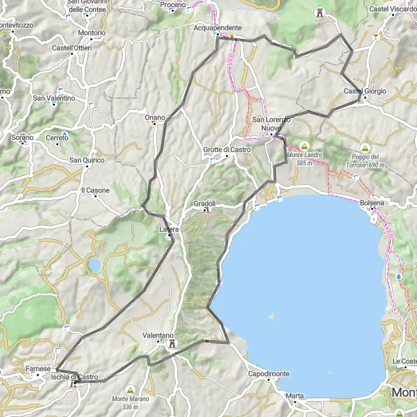 Miniatura della mappa di ispirazione al ciclismo "Ciclabile stradale tra Ischia di Castro e Monte Starnina" nella regione di Lazio, Italy. Generata da Tarmacs.app, pianificatore di rotte ciclistiche