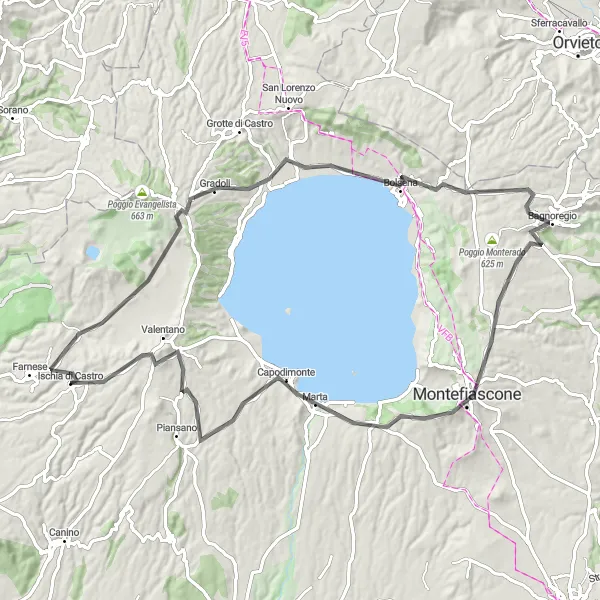 Map miniature of "The Splendors of Lake Bolsena" cycling inspiration in Lazio, Italy. Generated by Tarmacs.app cycling route planner