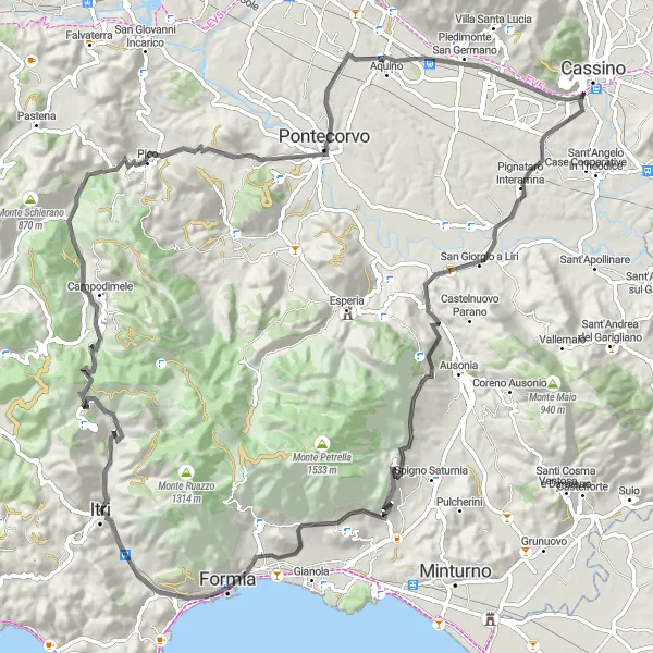 Miniatura della mappa di ispirazione al ciclismo "Giro in bicicletta intorno a Itri" nella regione di Lazio, Italy. Generata da Tarmacs.app, pianificatore di rotte ciclistiche