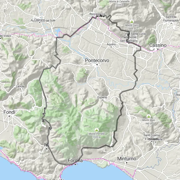 Miniatura della mappa di ispirazione al ciclismo "Giro in bicicletta lungo Itri e Monte Vele" nella regione di Lazio, Italy. Generata da Tarmacs.app, pianificatore di rotte ciclistiche