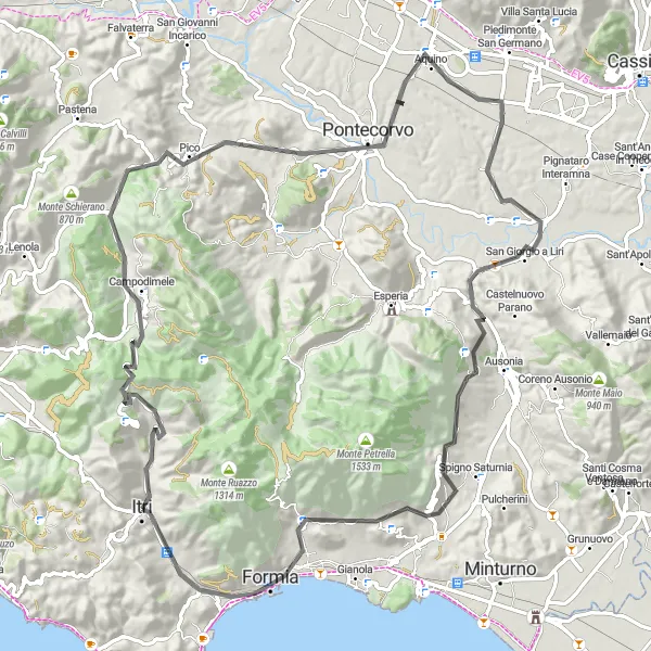 Map miniature of "Monte Costamezza Loop" cycling inspiration in Lazio, Italy. Generated by Tarmacs.app cycling route planner