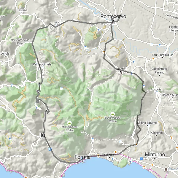 Miniatura della mappa di ispirazione al ciclismo "Tour ciclistico tra Itri e Monte Vele" nella regione di Lazio, Italy. Generata da Tarmacs.app, pianificatore di rotte ciclistiche