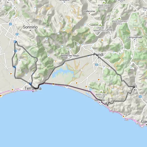 Miniatura della mappa di ispirazione al ciclismo "Cicloturismo da Itri tra Monte Porcignano e Lago di Fondi" nella regione di Lazio, Italy. Generata da Tarmacs.app, pianificatore di rotte ciclistiche