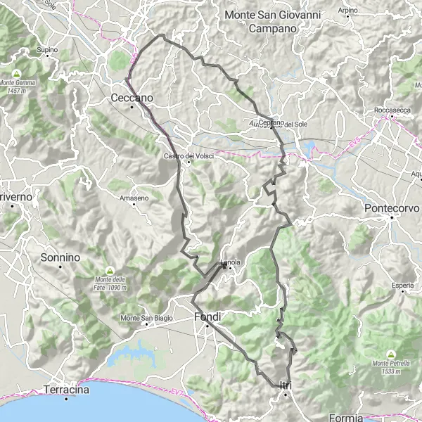 Map miniature of "Itri - Monte Marano - Fondi - Ceccano" cycling inspiration in Lazio, Italy. Generated by Tarmacs.app cycling route planner