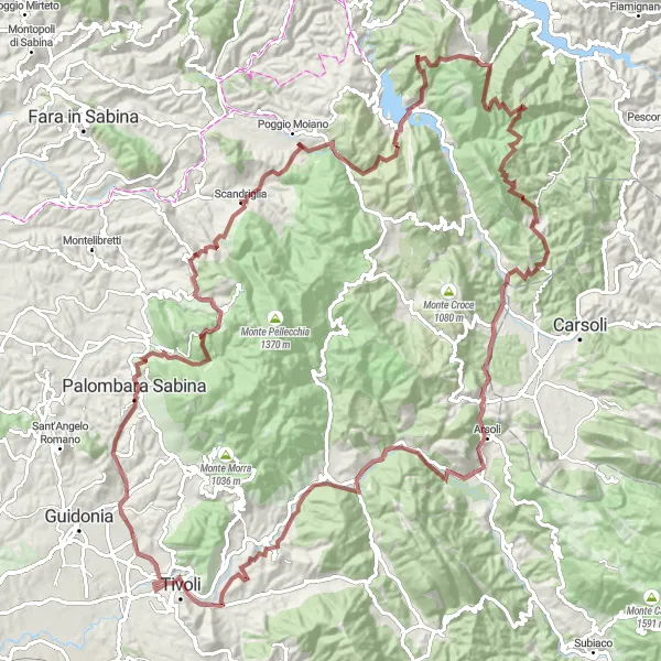 Miniatura della mappa di ispirazione al ciclismo "Giro in bicicletta verso la Sabina" nella regione di Lazio, Italy. Generata da Tarmacs.app, pianificatore di rotte ciclistiche