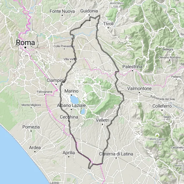 Map miniature of "Villages and Valleys Road Cycling" cycling inspiration in Lazio, Italy. Generated by Tarmacs.app cycling route planner