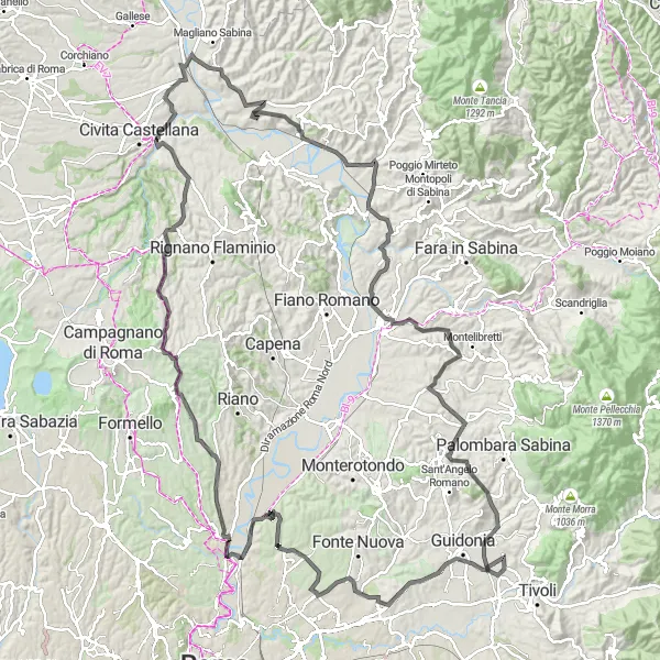 Miniatura della mappa di ispirazione al ciclismo "Giro panoramico attraverso Marco Simone e Monte Crocetta" nella regione di Lazio, Italy. Generata da Tarmacs.app, pianificatore di rotte ciclistiche
