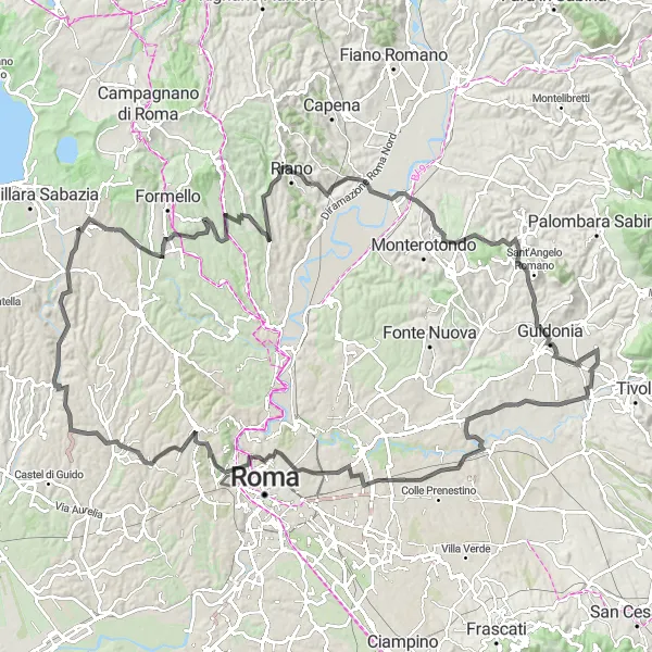 Miniatura della mappa di ispirazione al ciclismo "Avventura ciclistica attraverso Roma" nella regione di Lazio, Italy. Generata da Tarmacs.app, pianificatore di rotte ciclistiche