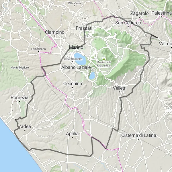 Map miniature of "Lariano and Monte Porzio Catone Ride" cycling inspiration in Lazio, Italy. Generated by Tarmacs.app cycling route planner