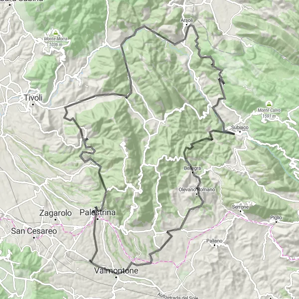 Miniatura della mappa di ispirazione al ciclismo "Giro in bici stradale attraverso le colline vicino a Labico" nella regione di Lazio, Italy. Generata da Tarmacs.app, pianificatore di rotte ciclistiche