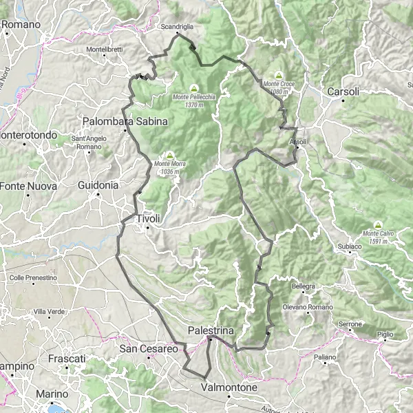 Map miniature of "Zagarolo and Colle Turrita Grand Loop" cycling inspiration in Lazio, Italy. Generated by Tarmacs.app cycling route planner