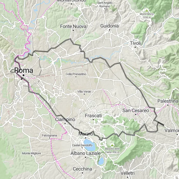 Miniatura della mappa di ispirazione al ciclismo "Salita sul Monte Cavo e tour culturale a Roma" nella regione di Lazio, Italy. Generata da Tarmacs.app, pianificatore di rotte ciclistiche