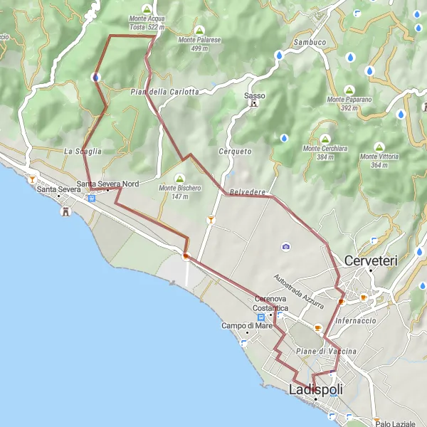 Map miniature of "Ladispoli to Castrum Carcari Gravel Ride" cycling inspiration in Lazio, Italy. Generated by Tarmacs.app cycling route planner