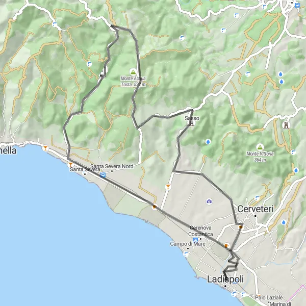 Map miniature of "Ladispoli to Monte Solferata Road Ride" cycling inspiration in Lazio, Italy. Generated by Tarmacs.app cycling route planner