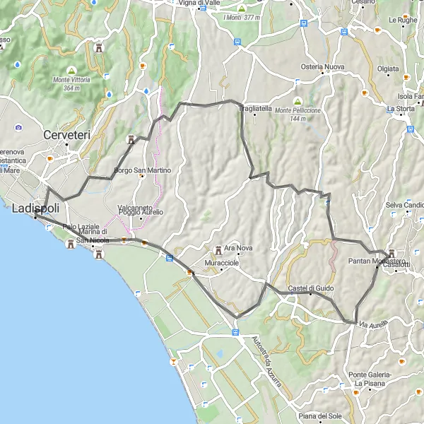 Map miniature of "Ladispoli to Torrimpietra Road Ride" cycling inspiration in Lazio, Italy. Generated by Tarmacs.app cycling route planner