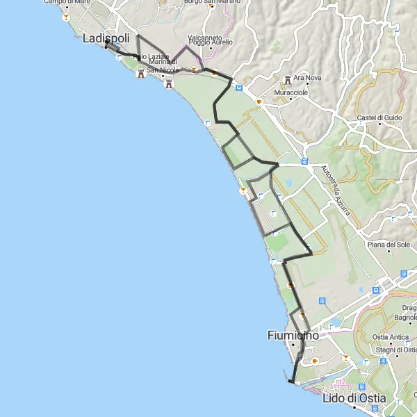 Map miniature of "Coastal Road Tour" cycling inspiration in Lazio, Italy. Generated by Tarmacs.app cycling route planner
