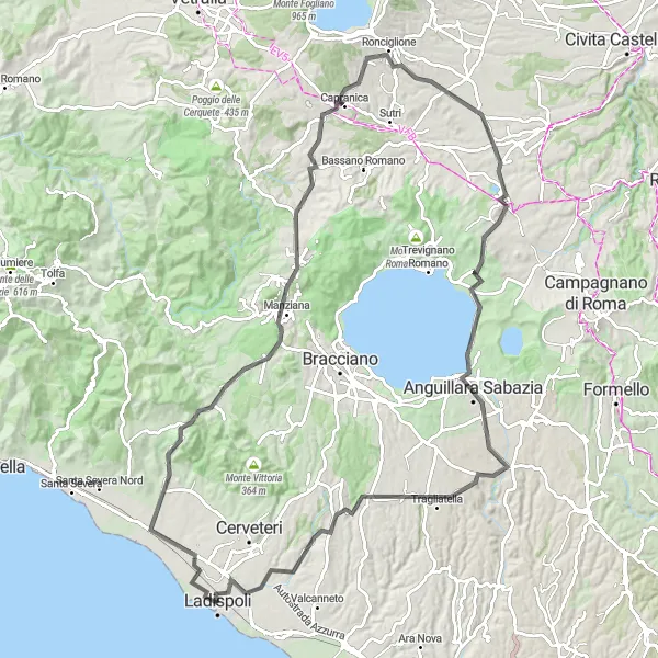 Map miniature of "Hills and Villages" cycling inspiration in Lazio, Italy. Generated by Tarmacs.app cycling route planner