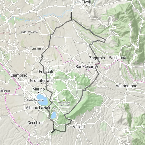 Miniatura della mappa di ispirazione al ciclismo "Esplorazione dei Colli Romani" nella regione di Lazio, Italy. Generata da Tarmacs.app, pianificatore di rotte ciclistiche