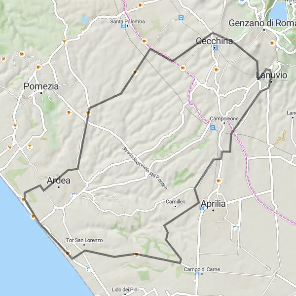 Miniatura della mappa di ispirazione al ciclismo "Tour delle Spiagge Romane" nella regione di Lazio, Italy. Generata da Tarmacs.app, pianificatore di rotte ciclistiche