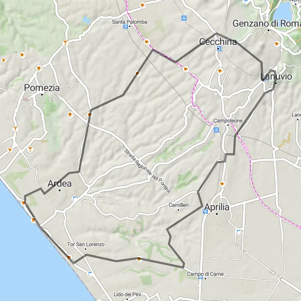 Map miniature of "Cycling through Tor San Lorenzo and Ardea" cycling inspiration in Lazio, Italy. Generated by Tarmacs.app cycling route planner