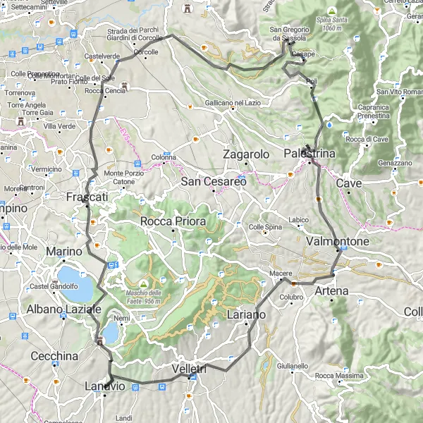 Map miniature of "Convento Palazzola and Velletri Excursion" cycling inspiration in Lazio, Italy. Generated by Tarmacs.app cycling route planner