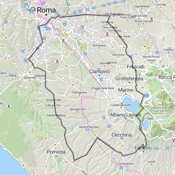 Miniatura della mappa di ispirazione al ciclismo "Tour della Campagna Romana" nella regione di Lazio, Italy. Generata da Tarmacs.app, pianificatore di rotte ciclistiche