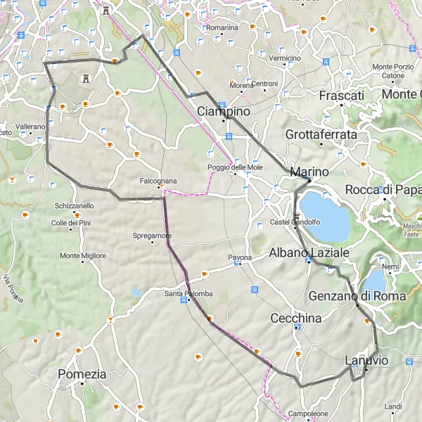 Miniatura della mappa di ispirazione al ciclismo "Giro dei Castelli Romani" nella regione di Lazio, Italy. Generata da Tarmacs.app, pianificatore di rotte ciclistiche