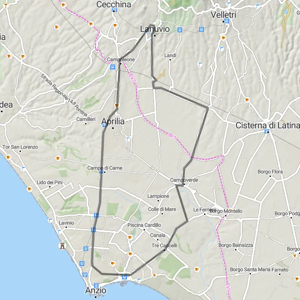 Miniatura della mappa di ispirazione al ciclismo "La Via degli Dei" nella regione di Lazio, Italy. Generata da Tarmacs.app, pianificatore di rotte ciclistiche