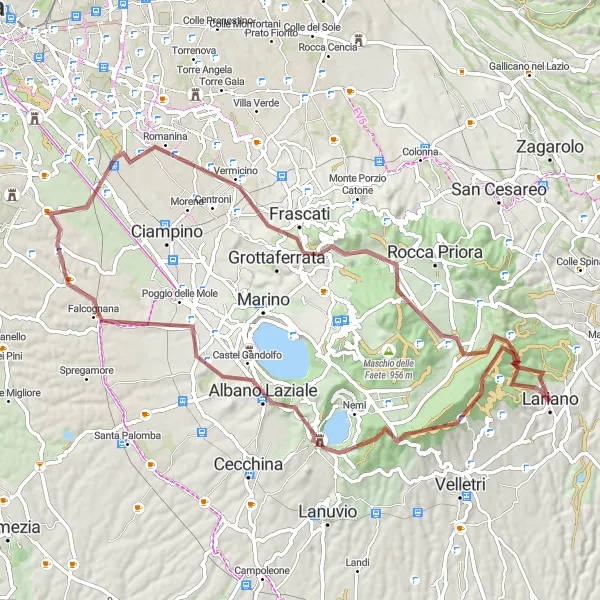 Map miniature of "Gravel Adventure: Lariano to Albano Laziale" cycling inspiration in Lazio, Italy. Generated by Tarmacs.app cycling route planner