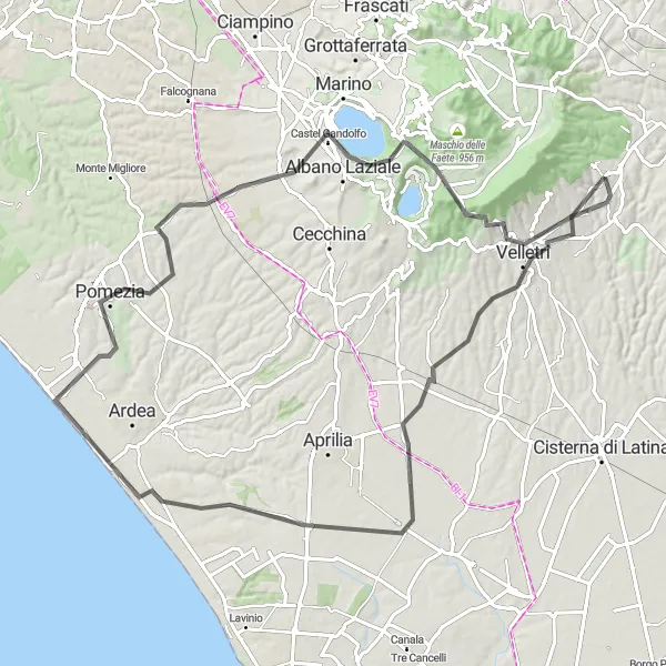 Map miniature of "Velletri Loop" cycling inspiration in Lazio, Italy. Generated by Tarmacs.app cycling route planner