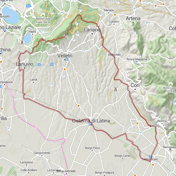 Map miniature of "Gravel Adventure to Cisterna di Latina" cycling inspiration in Lazio, Italy. Generated by Tarmacs.app cycling route planner