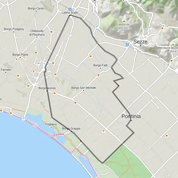 Miniatura della mappa di ispirazione al ciclismo "Giro in bici da Latina Scalo" nella regione di Lazio, Italy. Generata da Tarmacs.app, pianificatore di rotte ciclistiche