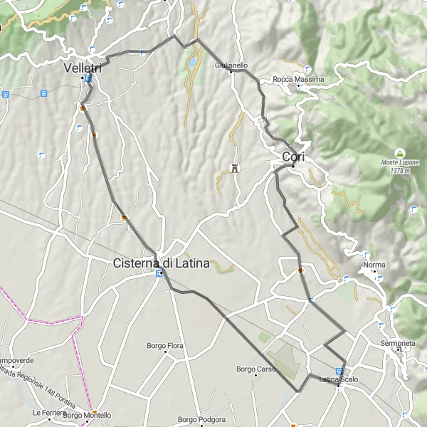 Miniatura della mappa di ispirazione al ciclismo "Rotta tra Cisterna e Cori" nella regione di Lazio, Italy. Generata da Tarmacs.app, pianificatore di rotte ciclistiche