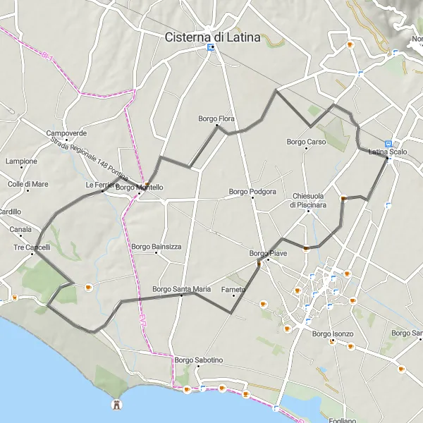 Miniatura della mappa di ispirazione al ciclismo "Tour tra Borgo Piave e Borgo Flora" nella regione di Lazio, Italy. Generata da Tarmacs.app, pianificatore di rotte ciclistiche