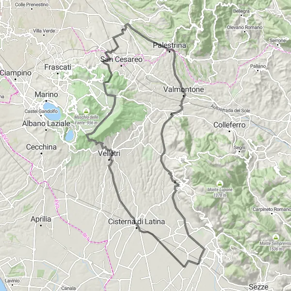 Map miniature of "The Hills of Latina" cycling inspiration in Lazio, Italy. Generated by Tarmacs.app cycling route planner