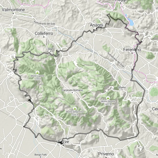 Miniatura della mappa di ispirazione al ciclismo "Tour delle Antiche Città Pontine" nella regione di Lazio, Italy. Generata da Tarmacs.app, pianificatore di rotte ciclistiche