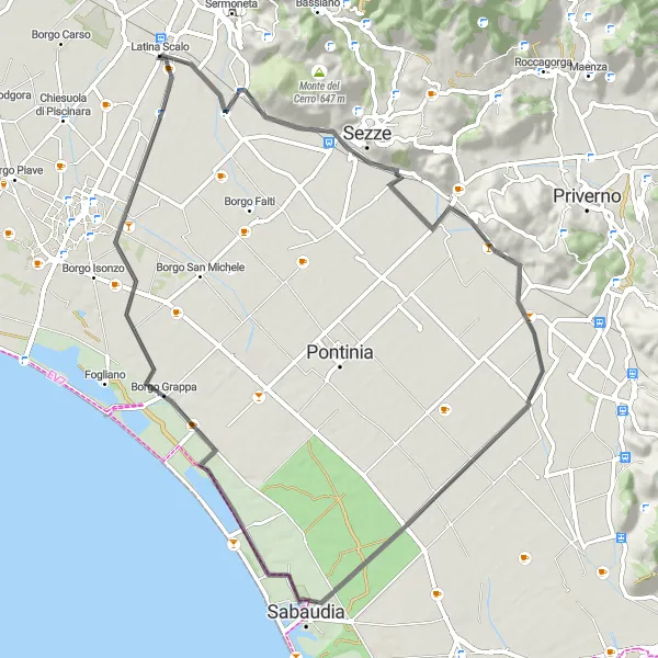 Miniatura della mappa di ispirazione al ciclismo "Tra Storia e Mare" nella regione di Lazio, Italy. Generata da Tarmacs.app, pianificatore di rotte ciclistiche
