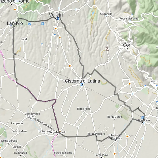 Map miniature of "Lanuvio Journey" cycling inspiration in Lazio, Italy. Generated by Tarmacs.app cycling route planner