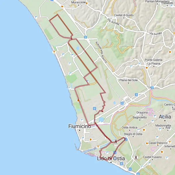 Map miniature of "Ostia Antica and Gravel Adventure" cycling inspiration in Lazio, Italy. Generated by Tarmacs.app cycling route planner